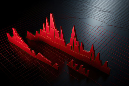 Illustration depicting the Greek Financial Crisis with a zigzag red arrow pointing downward. AI-generated artwork.の写真素材