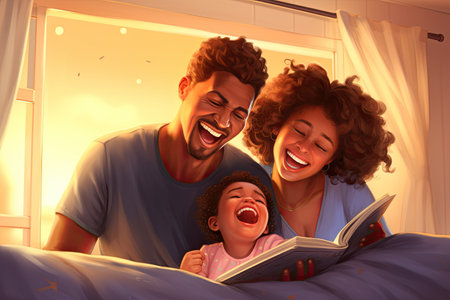 A happy diverse family enjoys a cheerful morning in a sunny bedroom. Smiling parents read to their baby daughter while their teenage son playfully jumps on the bed.の写真素材