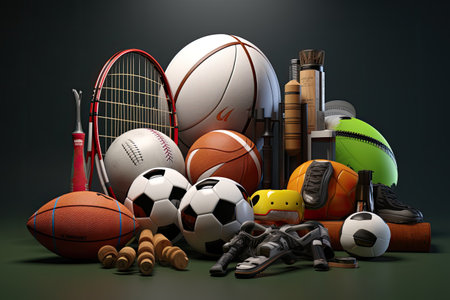 Sports equipment essential for athletic pursuits. From balls to bats, gear plays a crucial role. Quality, durability, and performance matter.の写真素材