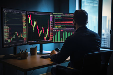 Stock market analyst evaluating financial trade on digital platform, contemplating investment risks....