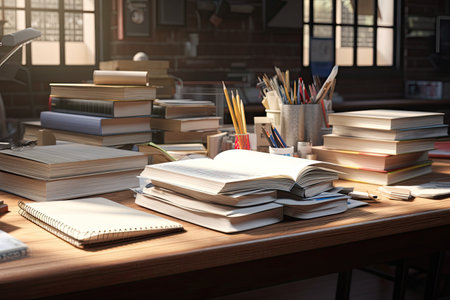 School books neatly arranged on a desk, ready for a day of learning.の写真素材