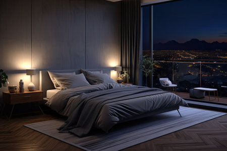 Stylish Bedroom Set Mockup: Transform your space with this elegant mockup featuring a contemporary bed set and accessories.の写真素材