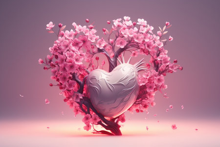 Generative AI art Pink heart sculpture with blooming flowers, branches on bright gradient background. Shiny and vibrant.の写真素材