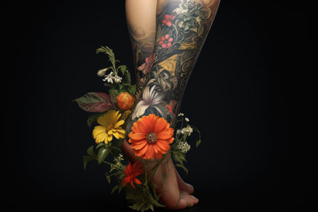 Floral adornments embrace a woman's alluring leg.の写真素材