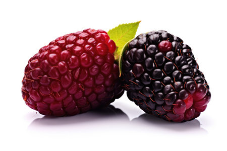 Vibrant half-cut ripe mulberry isolated on white background.
