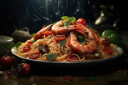 Delectable combination: Angel hair cake with jumbo prawn, tomatoes, and a hint of spice.の写真素材