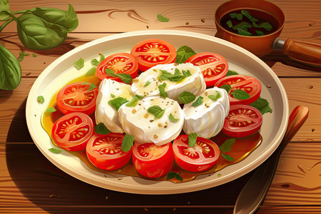 Fresh salad Tomatoes, Burrata cheese, basil, and olive oil. Vibrant colors on a rustic wooden backdrop. A delightful mix of flavours. AI Generated.の写真素材