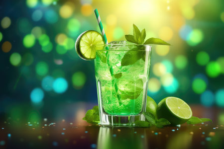 Refreshing cocktail featuring lime slice and mint on a green bokeh backgroundの写真素材