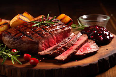 Grilled Venison Steak, baked veggies, berry sauce on wooden backdrop. A tantalizing dish that combines flavors and textures. Savory and satisfying. AI Generated.の写真素材