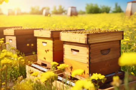 Wooden apiary crates or beehive boxes for beekeeping and honey collecting in blooming canola field 8k, realistic detailedの写真素材
