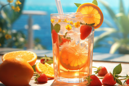 Summer cocktail with orange and strawberry slices on table.の写真素材