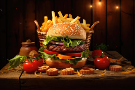 Burger, meat, and fries in a rustic wooden basket, a savory delightの写真素材
