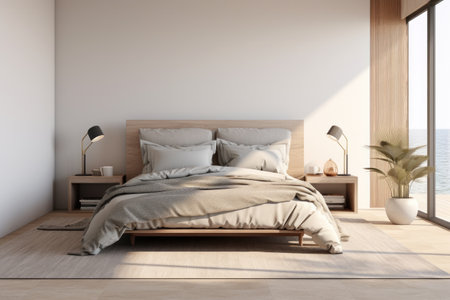 Stylish Bedroom Set Mockup: Transform your space with this elegant mockup featuring a contemporary bed set and accessories.の写真素材