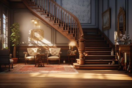 Cozy room with winding stairs leading to a secret nook. Soft lighting creates a warm ambiance. Books and art adorn the walls, inviting you to explore and unwind.の写真素材