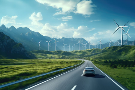 Electric car drives past wind turbines, embracing renewable energy. Clean, sustainable...