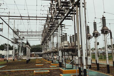 electrical towers, distribution centers, high voltage cables, high voltage areas.の写真素材