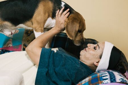 person resting and undergoing beauty treatment, oatmeal mask with dogの写真素材
