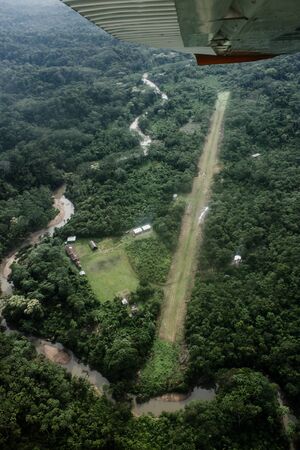 Aerial view of rural airstrip in the Amazon, Ecuador