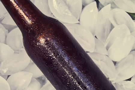 beer bottles with drops on ice cubes, brown bottles