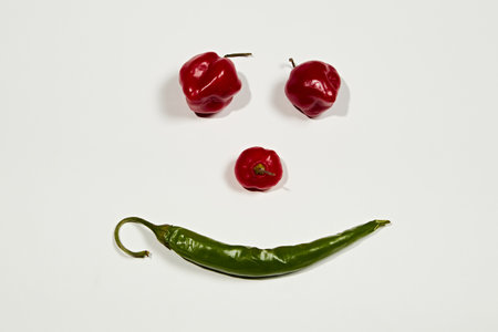 Vegetable chilli, chile face on white backgroungの写真素材
