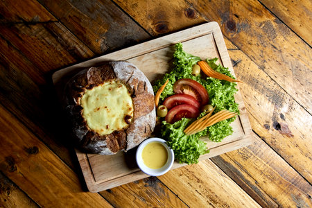 peasant bread stuffed with meat and chicken covered with cheese with saladの写真素材