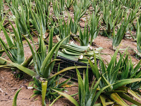 Aloe Vera fresh leaf , natural background in farm garden, Plantation. Aloe Vera for ingredient cosmetics, farmerの写真素材