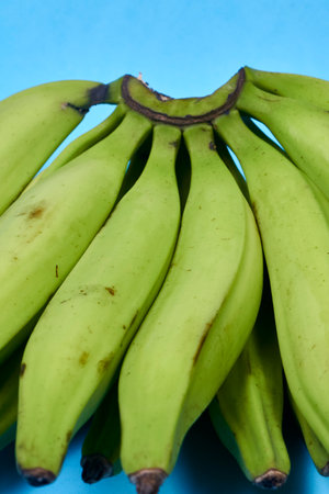 Fresh green banana on blue background, maqueno, barraganete, dominico. hands table knifeの写真素材