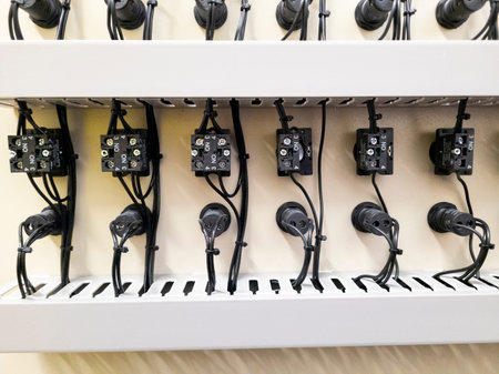 Detailed views of an industrial electrical control panel showing switches, connectors, wiring, and...