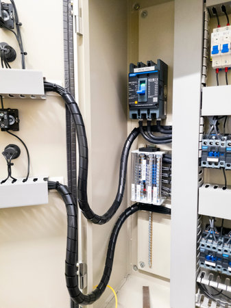 Close up of an industrial electrical panel used in construction and engineering installations. The...