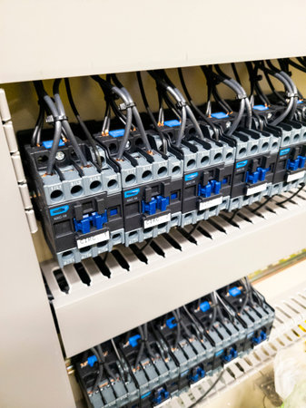 Close up of an industrial electrical panel used in construction and engineering installations. The...