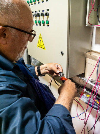 Senior electrician installing circuit breakers inside electrical control panel