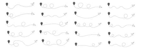 Set of dashed line paper airplane route