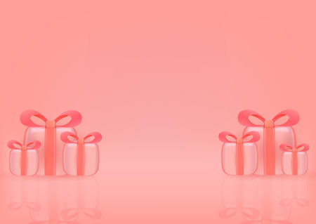Illustration of pink gift boxes on a pink background with reflection.の写真素材