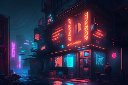 Night street with neon signs in the old city. 3d renderingの写真素材