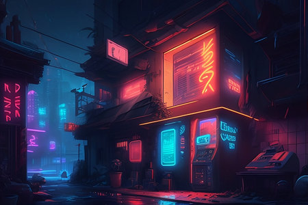 Night street with neon signs, 3d illustration, horizontal, tonedの写真素材