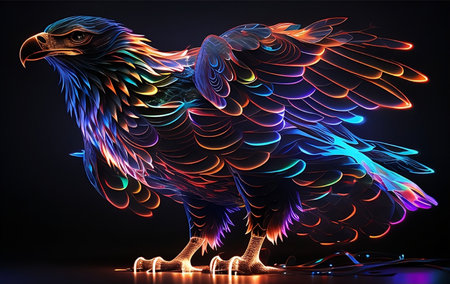 3d rendering of an eagle on a black background with colored lightsの写真素材