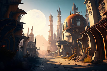 Fantasy castle in the moonlight. 3D illustration. Fantasy world.の写真素材