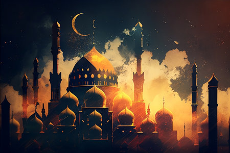 Ramadan Kareem greeting card design with mosque and crescent moonの写真素材