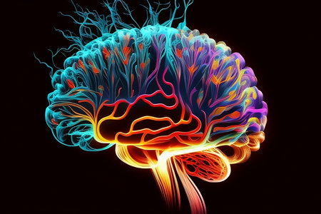 Brainstorming concept, 3D illustration of human brain with colorful lightningsの写真素材