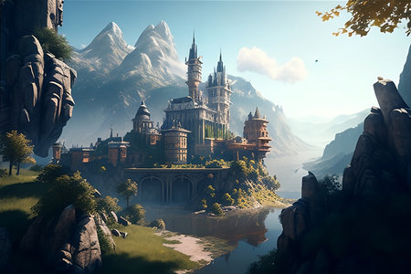 Fantasy landscape with castle in the middle of a green meadowの写真素材