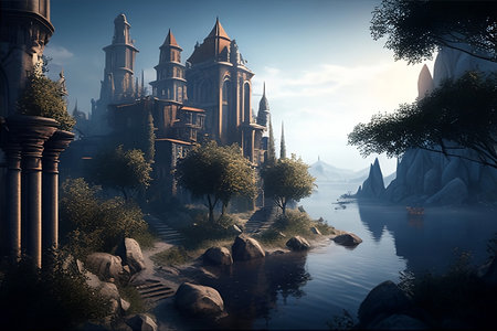 Fantasy landscape with castle on the lake. 3d render illustrationの写真素材