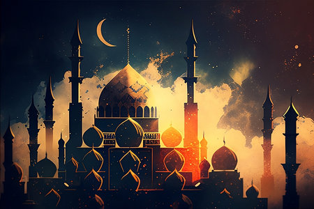 Colorful mosque and crescent moon at night. Ramadan Kareem backgroundの写真素材
