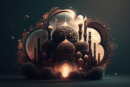 Ramadan Kareem greeting card with mosque and arabic ornamentの写真素材