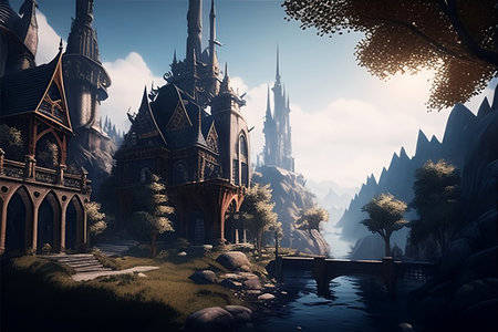 Fantasy landscape with castle and pond. Digital painting. 3d illustrationの写真素材