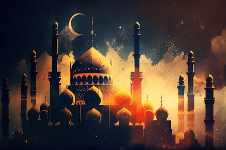 Background image with mosque and crescent moon, Ramadan Kareem conceptの写真素材