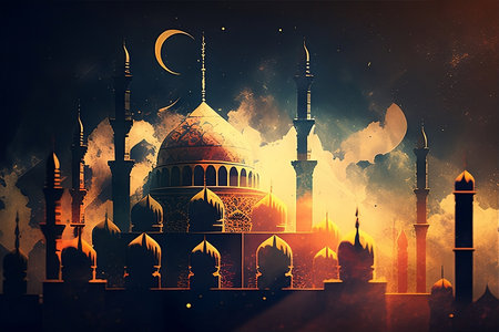 Background image with mosque and crescent moon. Ramadan Kareem greeting cardの写真素材