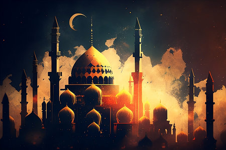 Beautiful mosque and crescent moon at night. Ramadan Kareem background.の写真素材