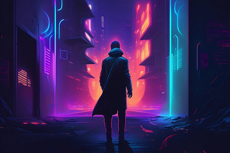 A hacker in a dark hoodie is standing in front of a door with glowing neon lights. The concept of cybercrime.の写真素材