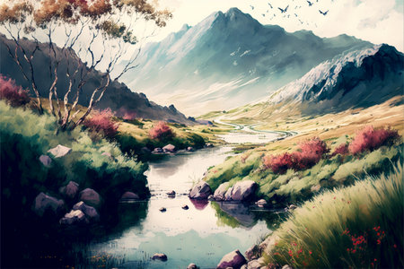 Digital painting of a mountain landscape with a river in the foreground.の写真素材