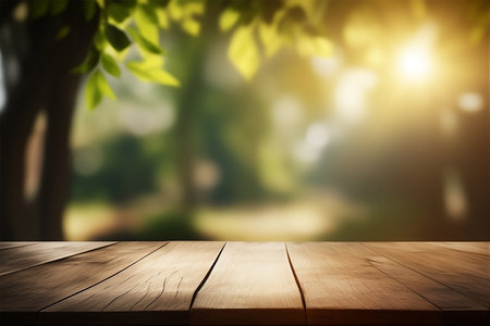Wooden table top on blurred background with bokeh image.の写真素材